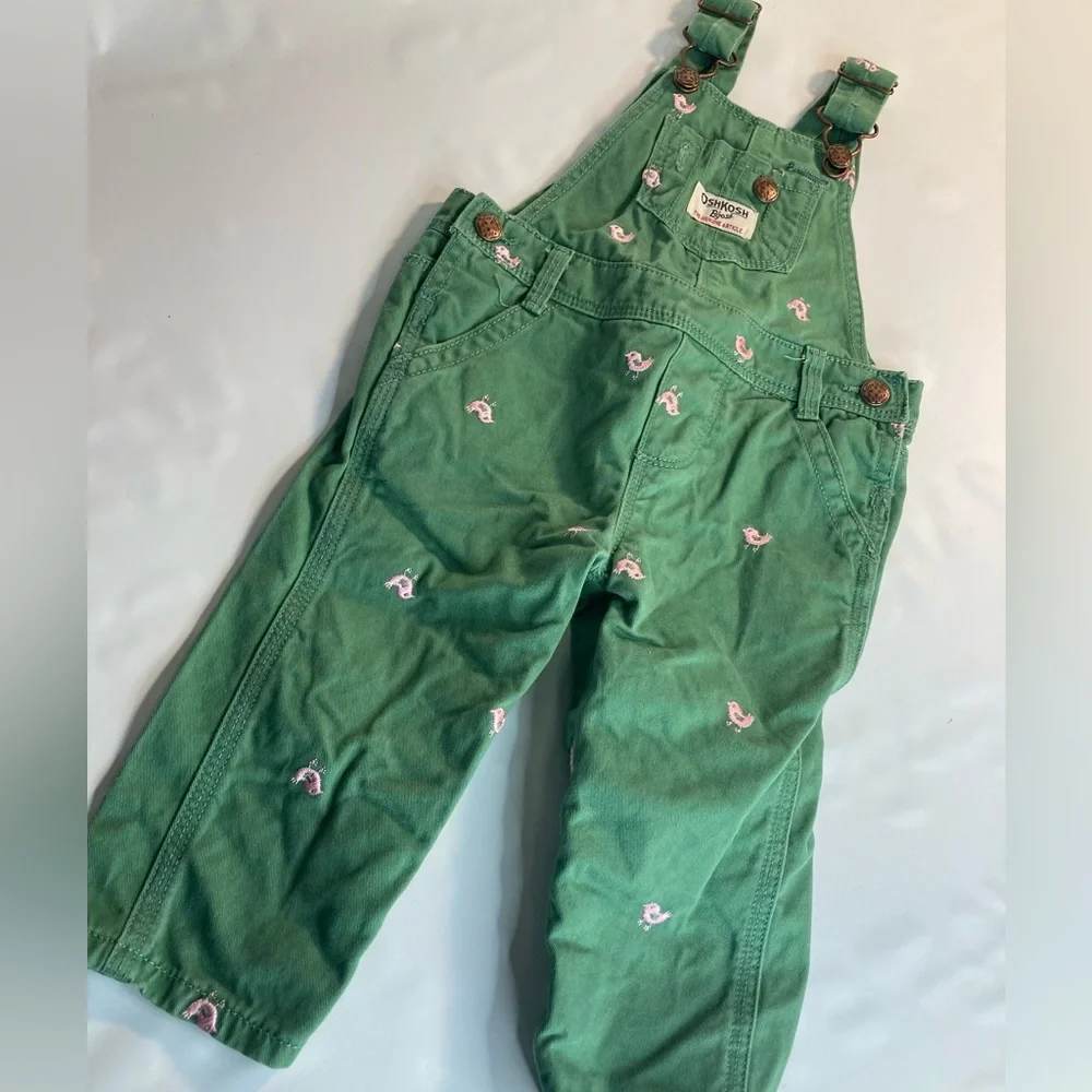 Oshkosh Girls Green Birds Overalls Size 12Mths Cotton